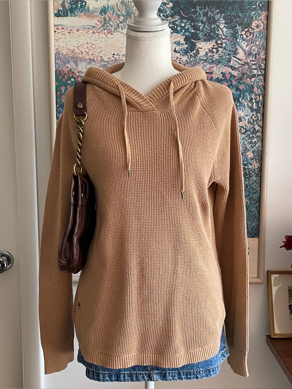 Lauren Ralph Lauren Hoodie Sweater Womens Large Tan Waffle Knit Old Money Preppy